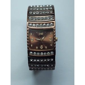 Chico's Quartz Bracelet Watch Cuff Copper Tone Rhinestones - Works! New Battery